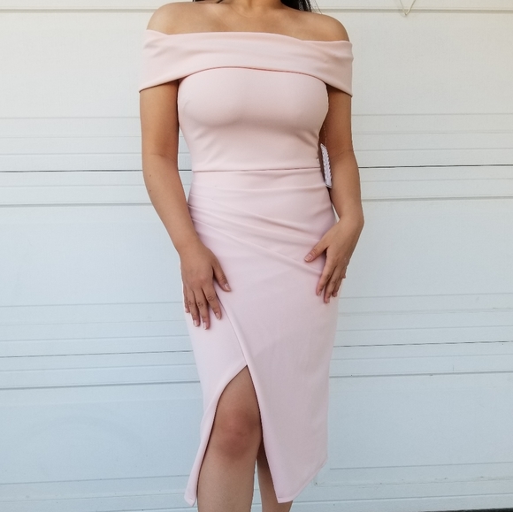 Primier Amour Pink Bodycon Off-shoulder Sleeves Dress w/slit - Picture 1 of 8